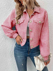 Houndstooth Collared Neck Button Up Jacket - Trendsi