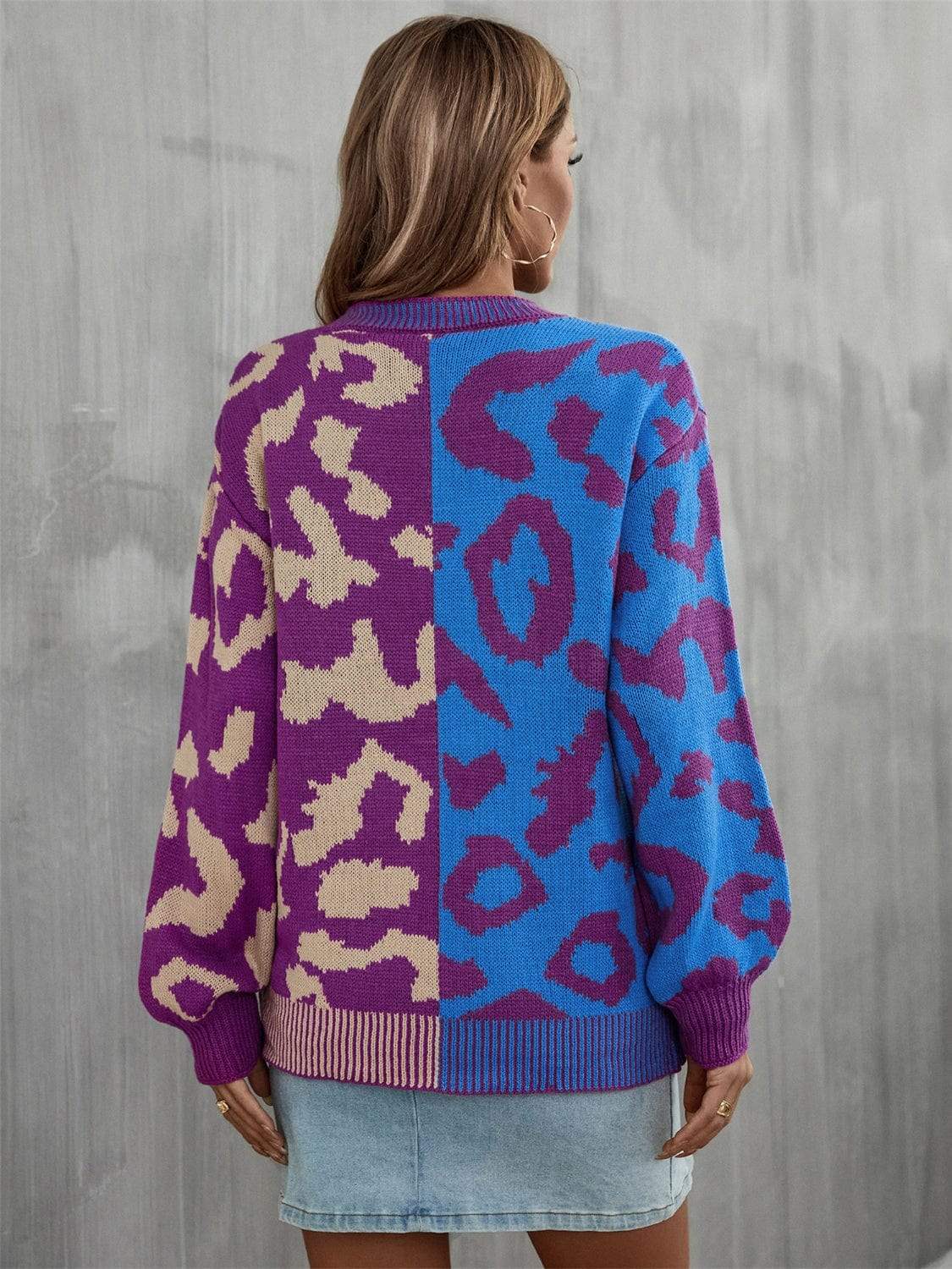 Leopard Round Neck Long Sleeve Sweater - Trendsi - Flyclothing LLC