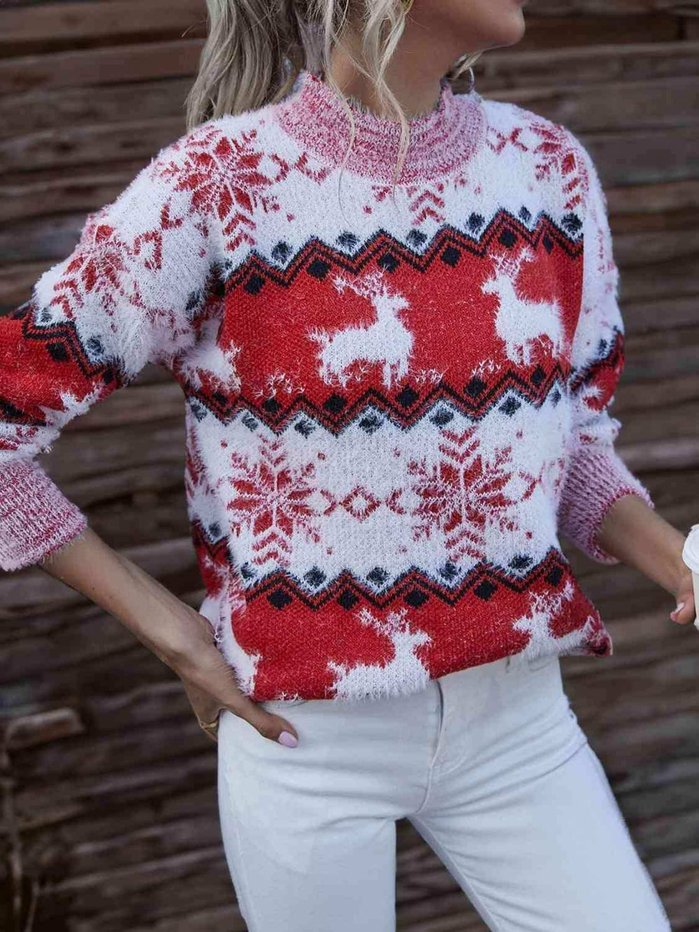 Reindeer & Snowflake Round Neck Sweater - Trendsi - Flyclothing LLC