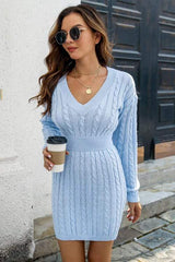 Cable-Knit V-Neck Long Sleeve Mini Sweater Dress - Trendsi - Flyclothing LLC