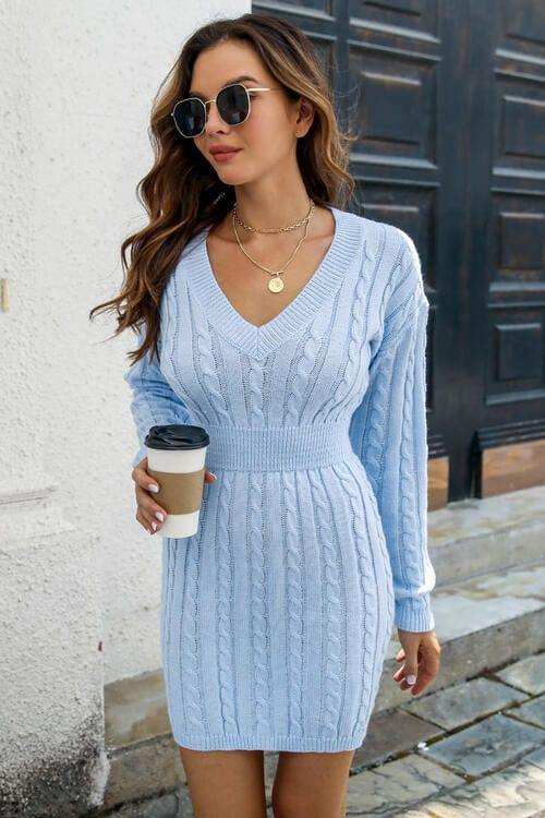 Cable-Knit V-Neck Long Sleeve Mini Sweater Dress - Trendsi - Flyclothing LLC