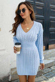 Cable-Knit V-Neck Long Sleeve Mini Sweater Dress - Trendsi - Flyclothing LLC