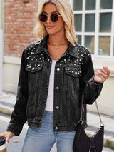 Pearl Detail Collared Neck Long Sleeve Denim Jacket - Trendsi - Flyclothing LLC