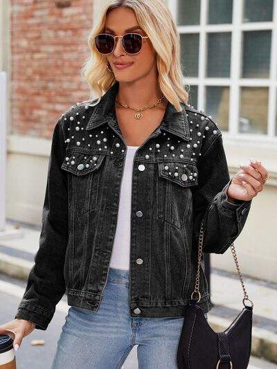 Pearl Detail Collared Neck Long Sleeve Denim Jacket - Trendsi - Flyclothing LLC