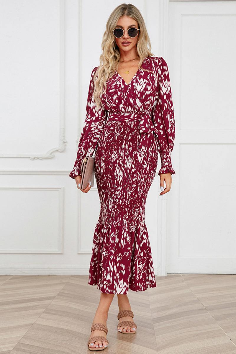 Printed V-Neck Smocked Midi Dress - Trendsi