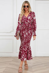 Printed V-Neck Smocked Midi Dress - Trendsi