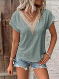 Eyelet V-Neck Short Sleeve T-Shirt - Trendsi - Flyclothing LLC