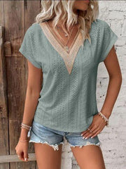 Eyelet V-Neck Short Sleeve T-Shirt - Trendsi