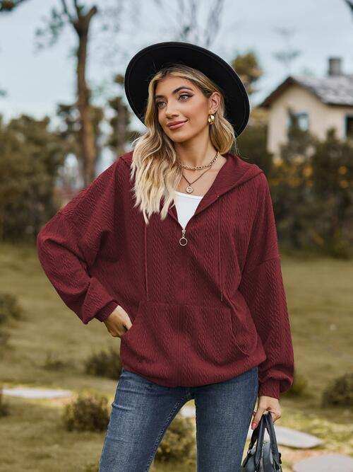 Zip Up Drawstring Long Sleeve Hooded Jacket - Trendsi - Flyclothing LLC