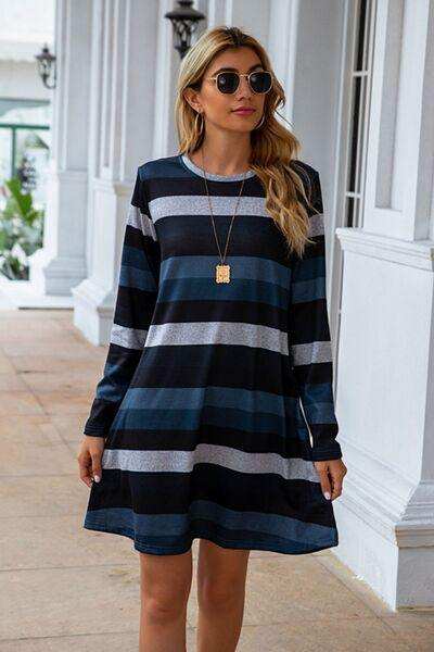Striped Round Neck Long Sleeve Dress - Trendsi - Flyclothing LLC