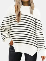 Round Neck Drop Shoulder Slit Sweater - Trendsi - Flyclothing LLC
