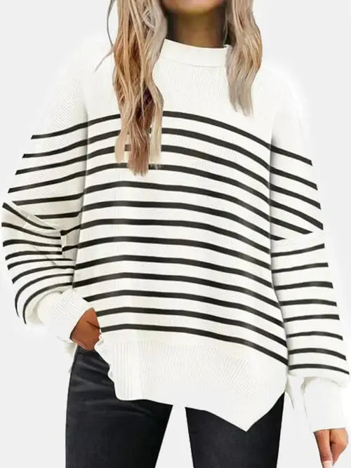 Round Neck Drop Shoulder Slit Sweater - Trendsi - Flyclothing LLC