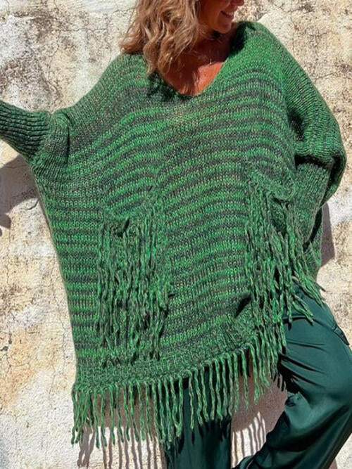 Fringe Detail Long Sleeve Sweater with Pockets - Trendsi - Flyclothing LLC