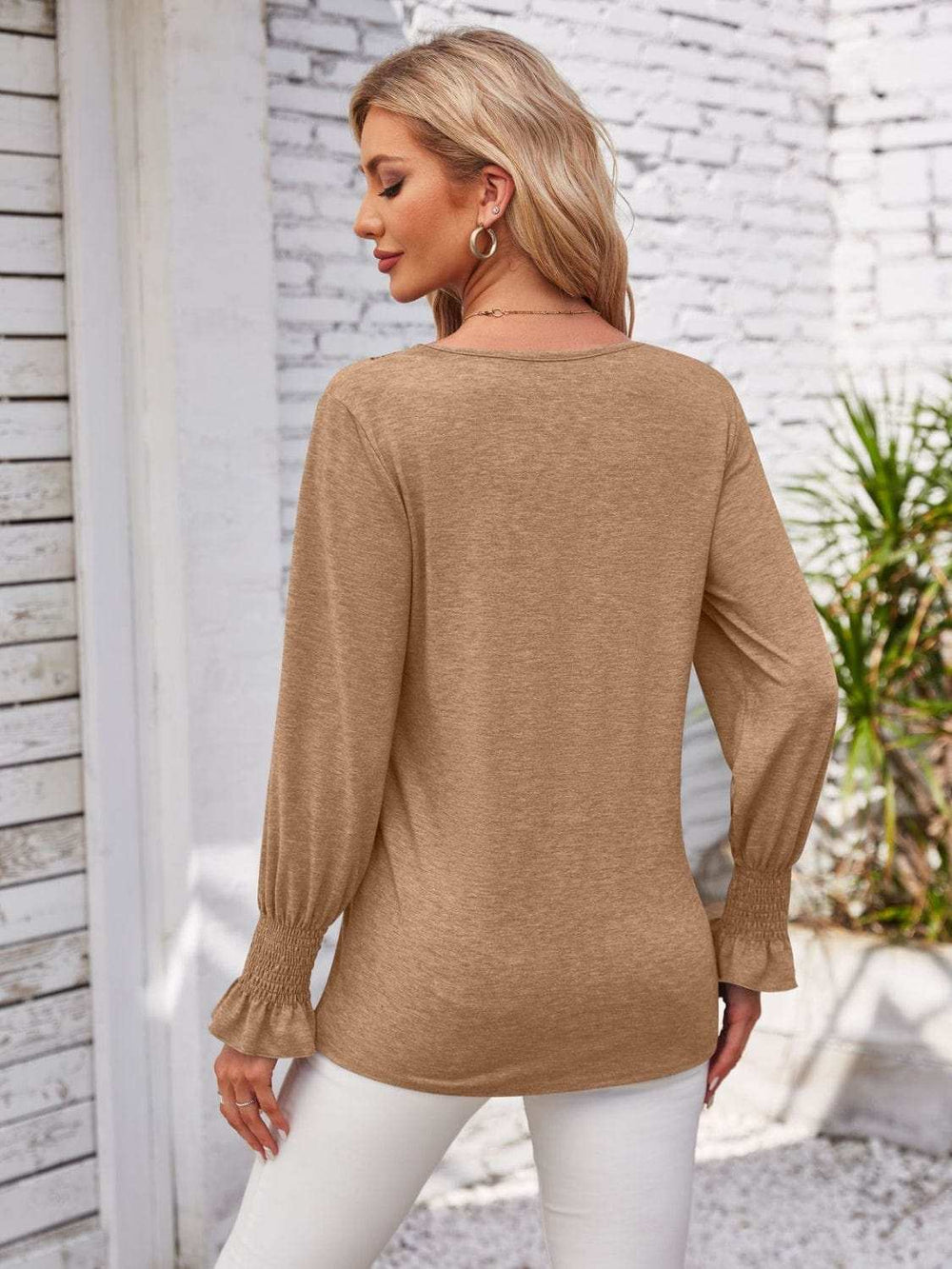 Smocked V-Neck Long Sleeve Blouse - Trendsi - Flyclothing LLC