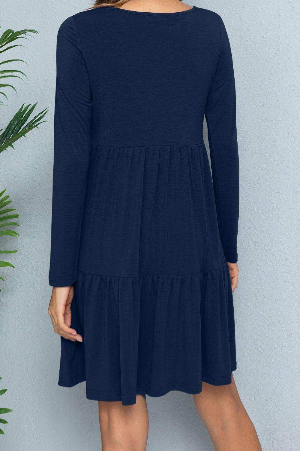 Round Neck Long Sleeved Tiered Dress - Trendsi - Flyclothing LLC