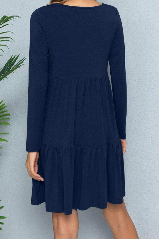 Round Neck Long Sleeved Tiered Dress - Trendsi - Flyclothing LLC