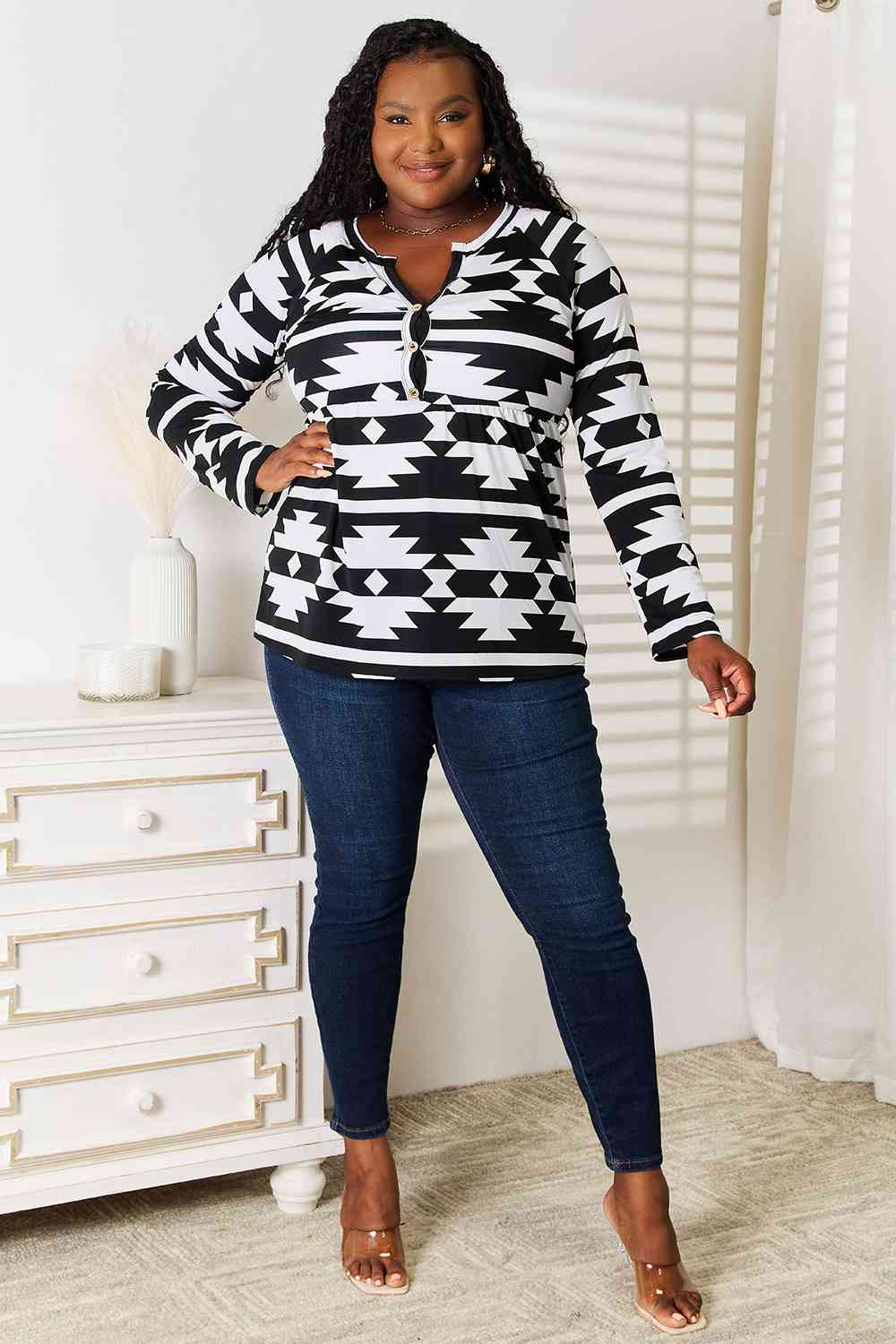 Heimish Full Size Geometric Notched Neck Long Sleeve Top - Trendsi - Flyclothing LLC