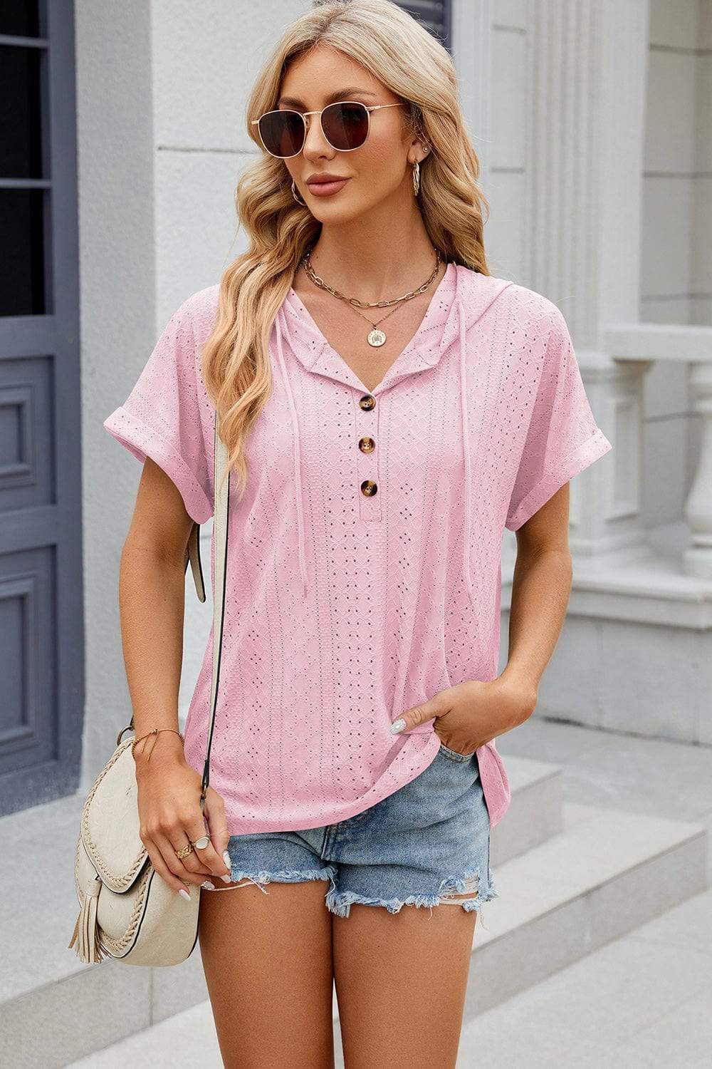 Eyelet Drawstring Hooded Short Sleeve Blouse - Trendsi - Flyclothing LLC
