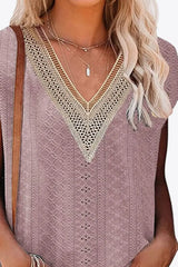 Eyelet Contrast V-Neck Tee - Trendsi - Flyclothing LLC