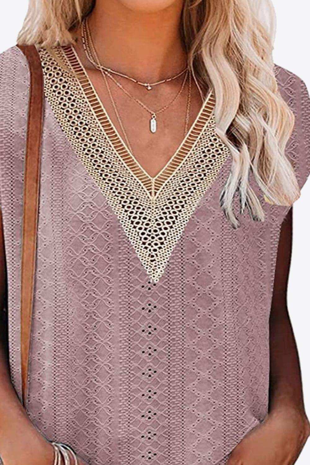Eyelet Contrast V-Neck Tee - Trendsi - Flyclothing LLC
