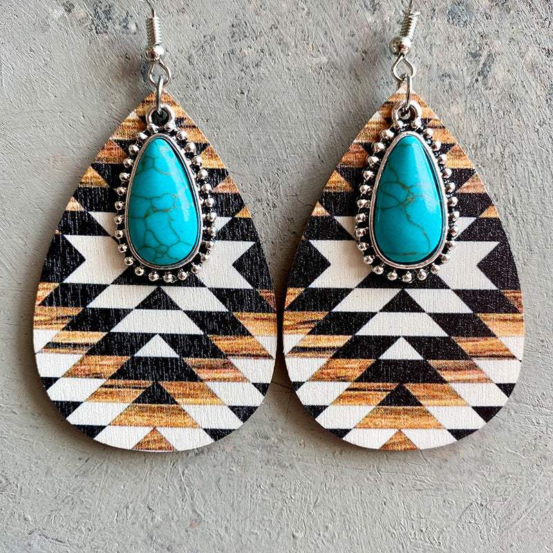 Turquoise Teardrop Shape Wooden Dangle Earrings - Trendsi - Flyclothing LLC