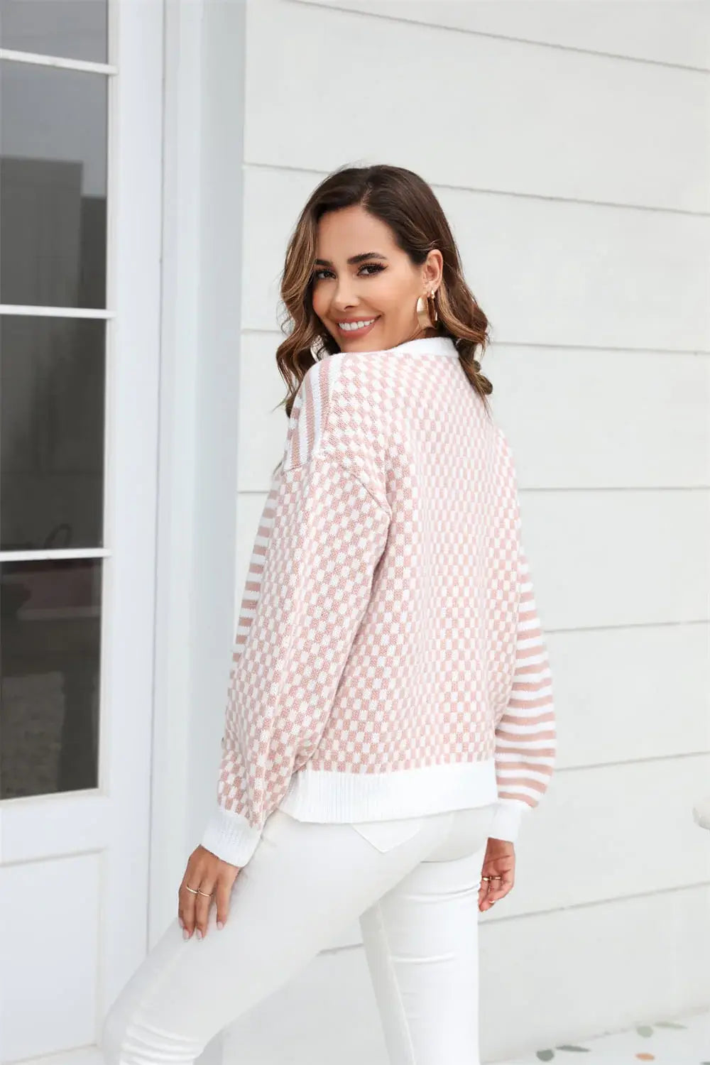 Button-Down Stripe & Plaid Contrast Pattern Cardigan - Trendsi - Flyclothing LLC