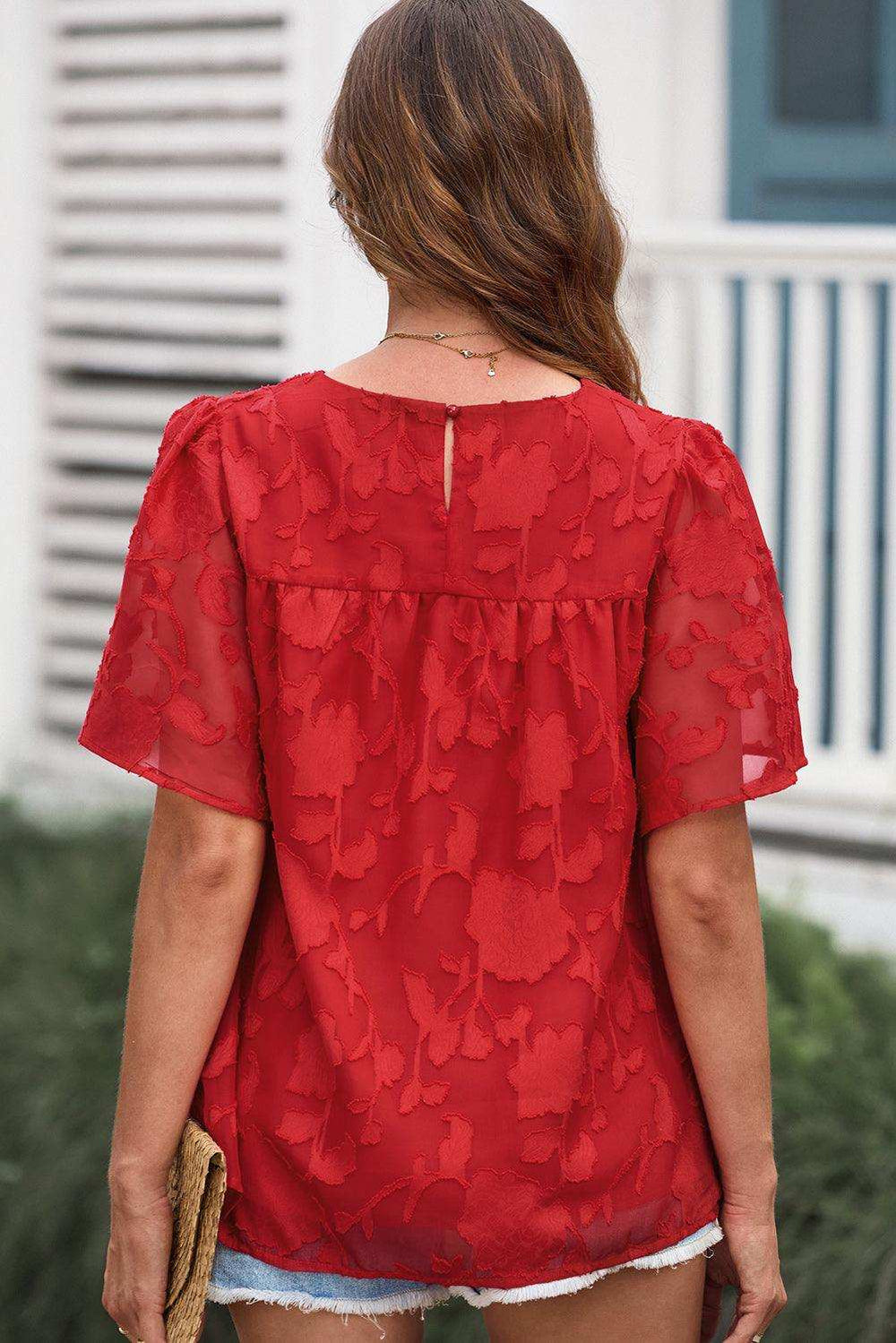 Round Neck Puff Sleeve Blouse - Trendsi - Flyclothing LLC
