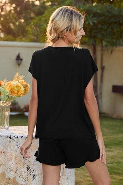 Round Neck Short Sleeve T-Shirt and Drawstring Shorts Lounge Set - Trendsi - Flyclothing LLC