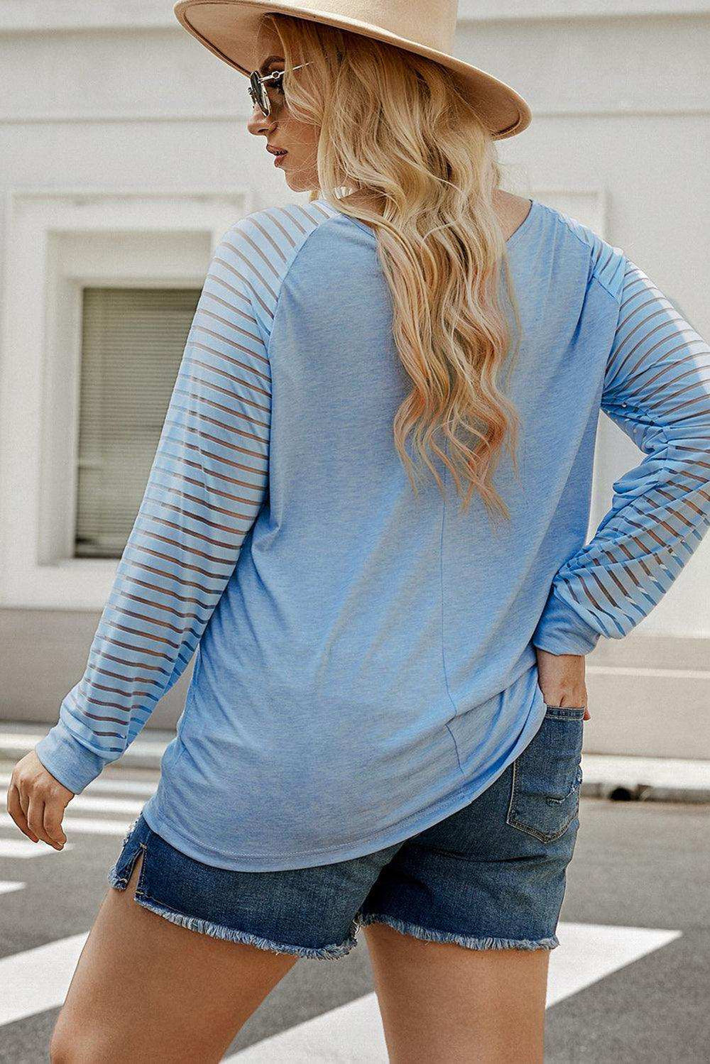Plus Size Sheer Striped Sleeve V-Neck Top - Trendsi - Flyclothing LLC