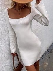 Tie Back Square Neck Long Sleeve Sweater Dress - Flyclothing LLC