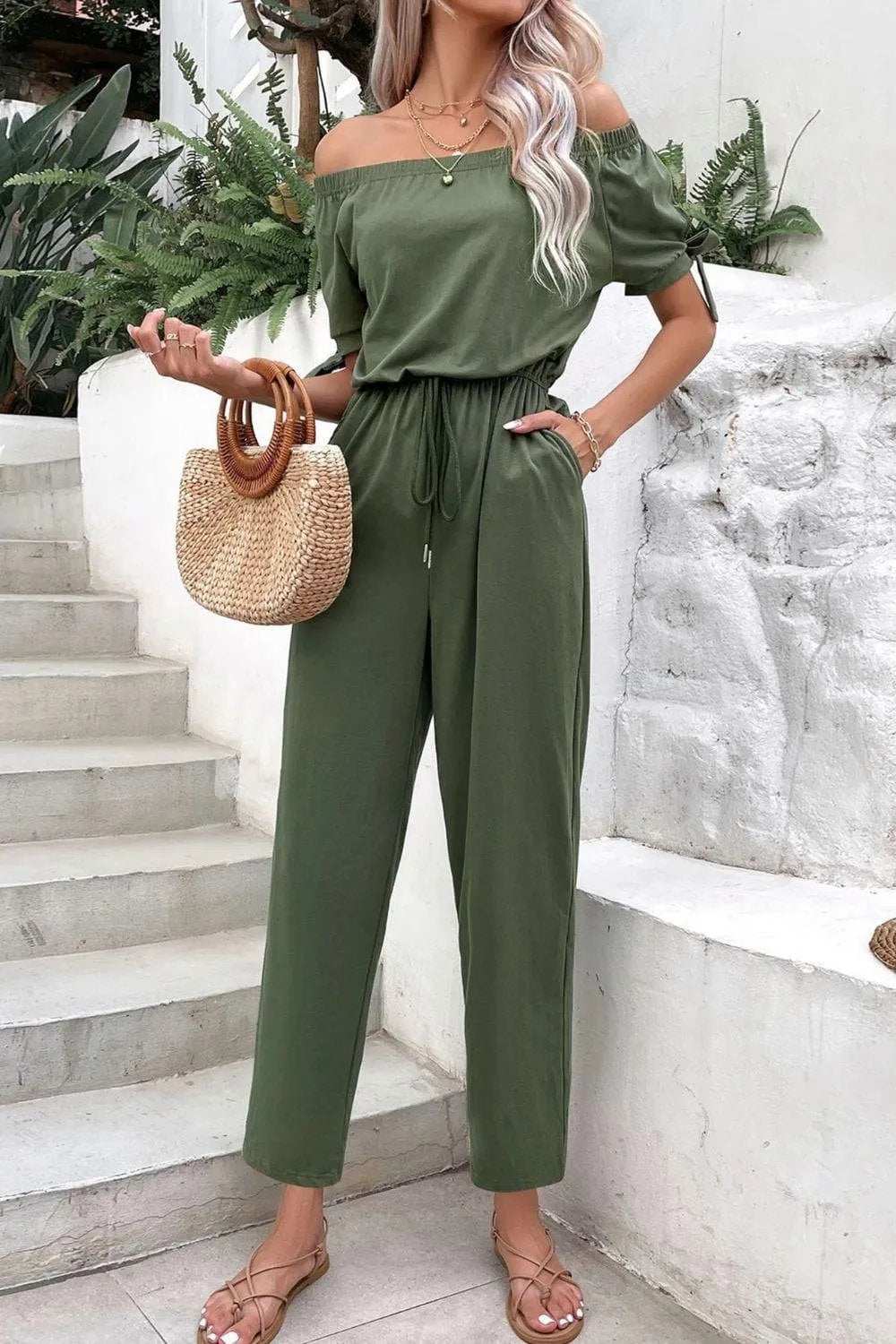 Off-Shoulder Tie Cuff Jumpsuit with Pockets - Trendsi - Flyclothing LLC