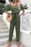 Off-Shoulder Tie Cuff Jumpsuit with Pockets - Trendsi