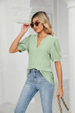 Eyelet Short Puff Sleeve Notched Neck Top - Trendsi - Flyclothing LLC
