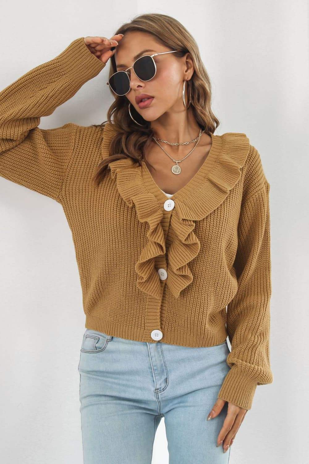 Ruffle Trim Button-Down Dropped Shoulder Sweater - Trendsi - Flyclothing LLC