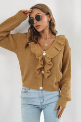 Ruffle Trim Button-Down Dropped Shoulder Sweater - Trendsi