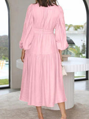 Deep V-Neck Balloon Sleeve Plain Maxi Dress - Trendsi