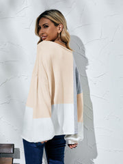 Color Block Balloon Sleeve Boat Neck Sweater - Trendsi