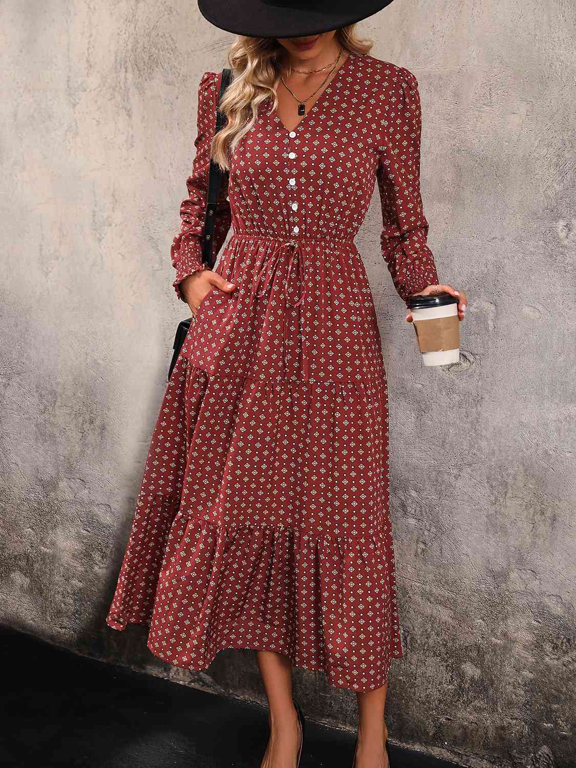 Printed Tiered V-Neck Buttoned Midi Dress - Trendsi - Flyclothing LLC