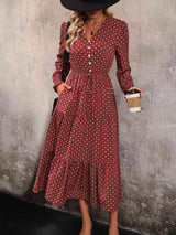 Printed Tiered V-Neck Buttoned Midi Dress - Trendsi - Flyclothing LLC