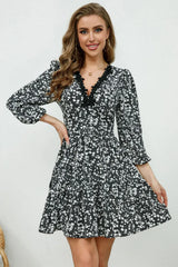 Printed Plunge Neck Flounce Sleeve Mini Dress - Trendsi - Flyclothing LLC