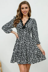 Printed Plunge Neck Flounce Sleeve Mini Dress - Trendsi