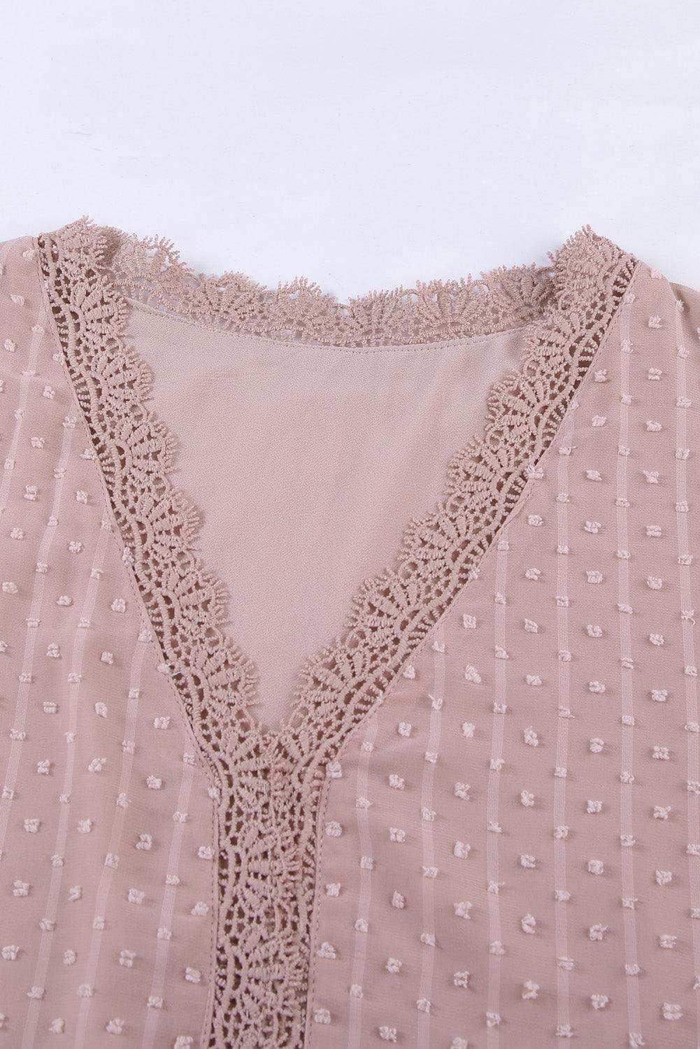 Swiss Dot Lace Trim Plunge Blouse - Trendsi - Flyclothing LLC