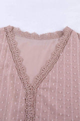 Swiss Dot Lace Trim Plunge Blouse - Trendsi - Flyclothing LLC