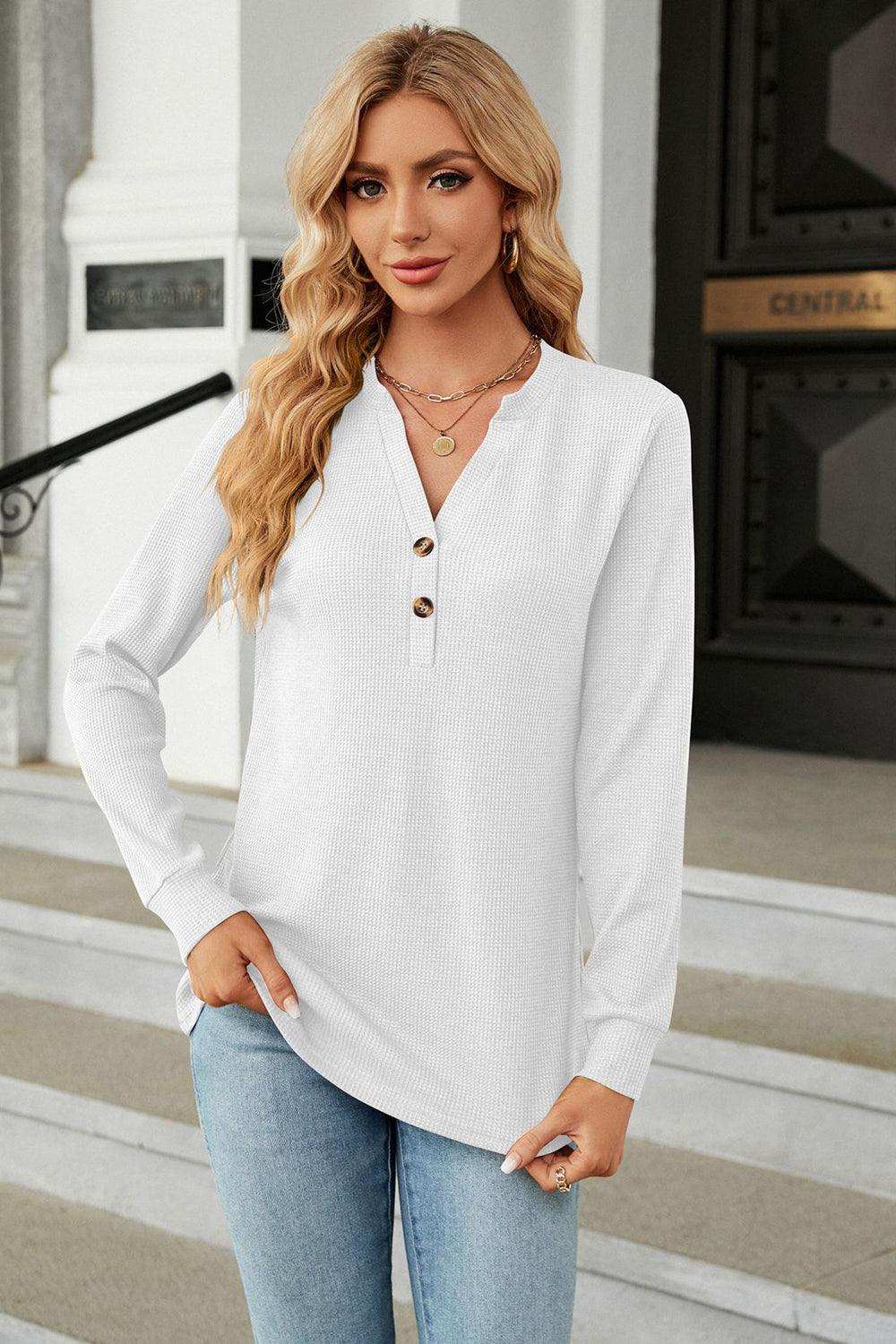 V-Neck Long Sleeve Blouse - Trendsi - Flyclothing LLC