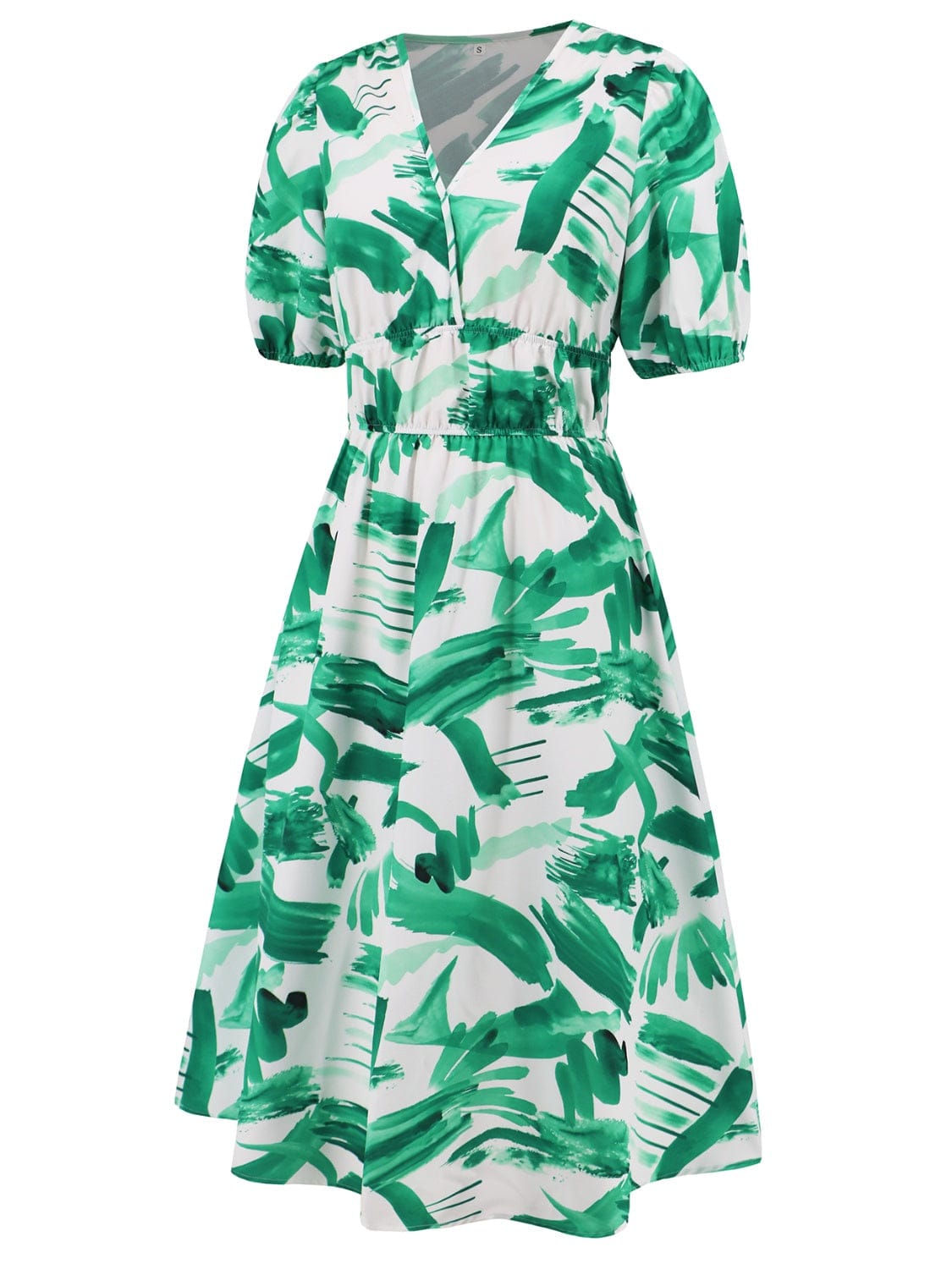 Ruched Printed Surplice Short Sleeve Dress - Trendsi