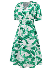 Ruched Printed Surplice Short Sleeve Dress - Trendsi