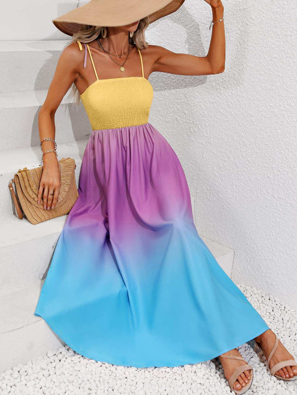 Color Block Tie Shoulder Smocked Maxi Dress - Trendsi - Flyclothing LLC