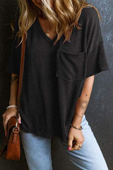 Textured V-Neck Dropped Shoulder T-Shirt - Trendsi - Flyclothing LLC