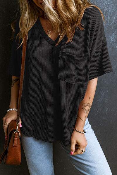 Textured V-Neck Dropped Shoulder T-Shirt - Trendsi - Flyclothing LLC