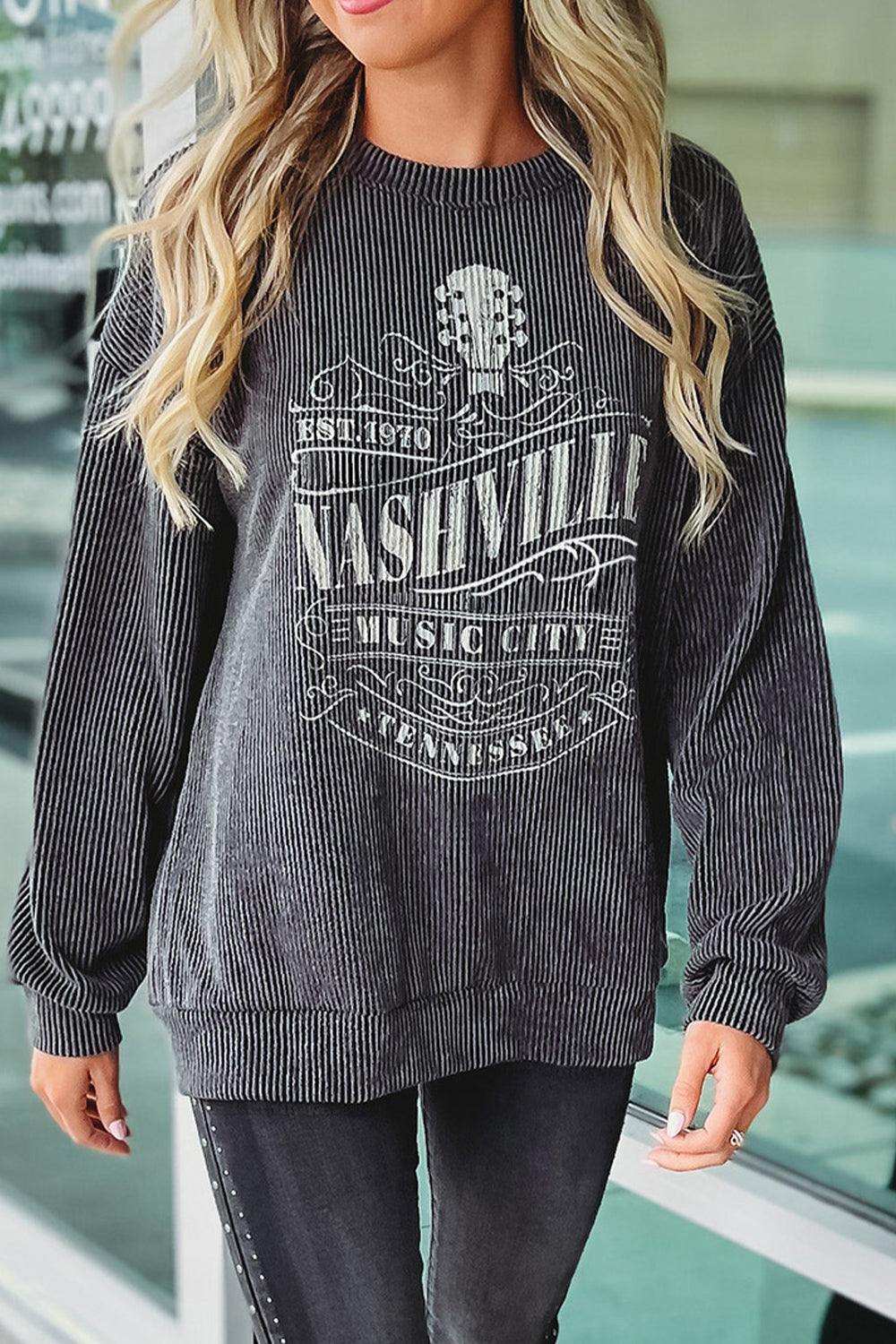 Ribbed Round Neck Long Sleeve Graphic Sweatshirt - Trendsi - Flyclothing LLC